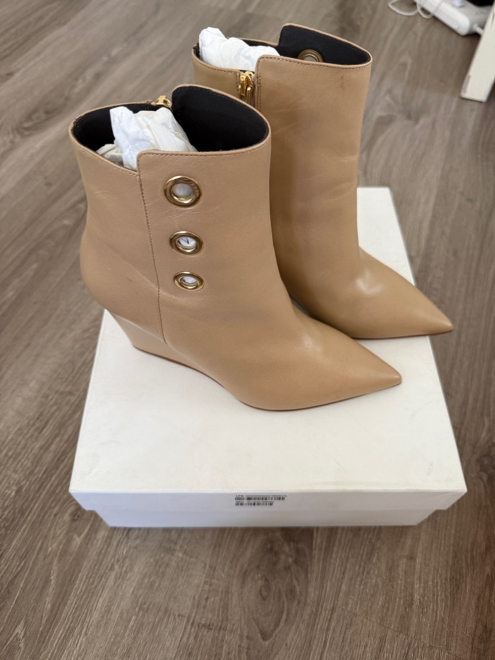 LK Bennett Tan Pointed Wedge Ankle Boots with Gold Eyelets